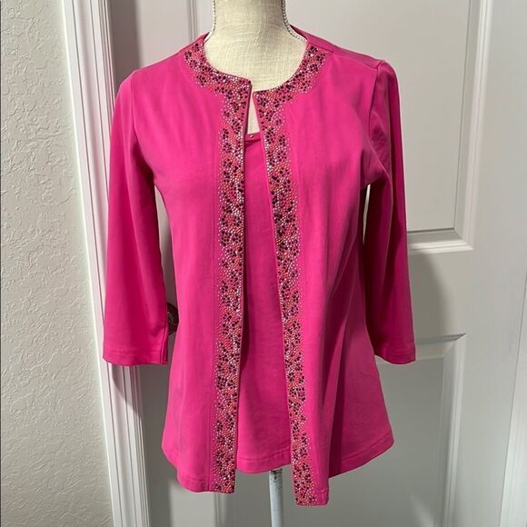 Quacker Factory Fuchsia Sweater Set  with Beaded Trim Runs Big - Picture 1 of 8